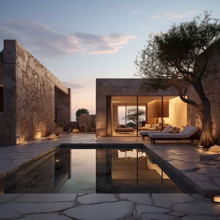 Stone chalet and an olive tree and a pool 